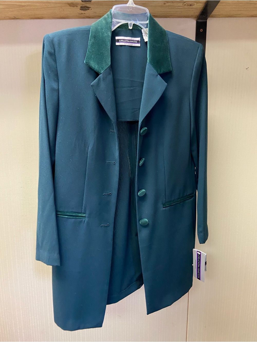 Amanda Smith Dark Teal Long Blazer with Forest Velvet Collar